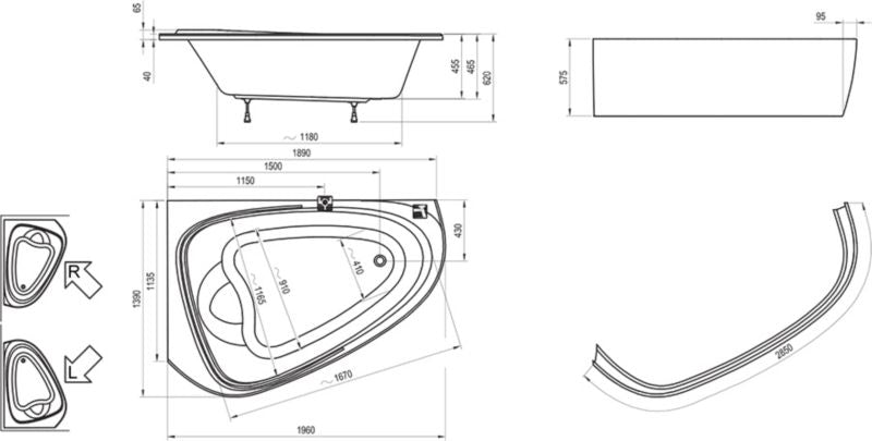 Akryl-asymmetrisk hjørnebadekar Ravak LoveStory II 139x196 L snowwhite 1 stk