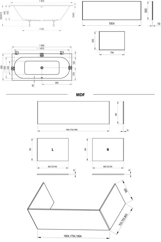 Akryl rektangulært badekar Ravak CITY 180 x 80 hvid 1 stk