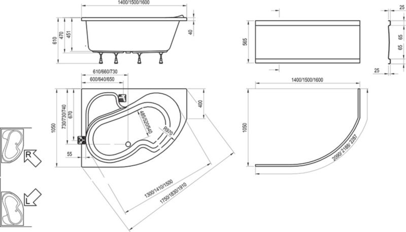 Asymmetrisk akrylbadekar Ravak Rosa II 170x105 P snowwhite 1 stk