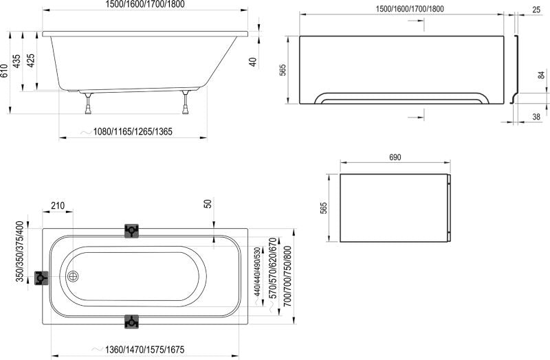 Akryl rektangulært badekar Ravak CHROME SLIM 150x70 hvid 1 stk