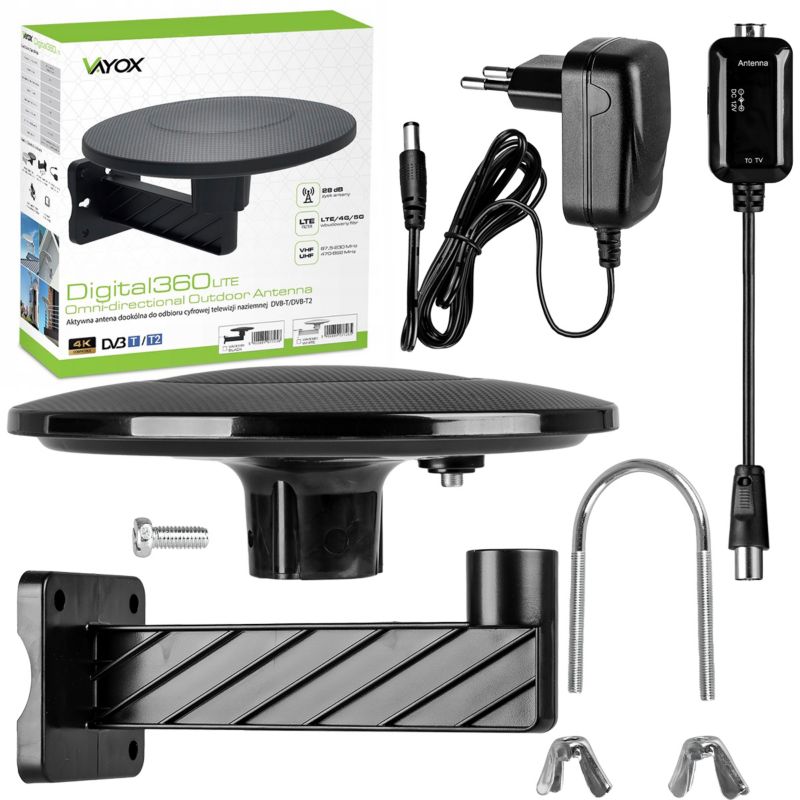 Vayox VA0039 Digital360 Lite rundstrålende antenne VHF UHF DVB-T2 4K med LTE 5G filter, 1 stk.
