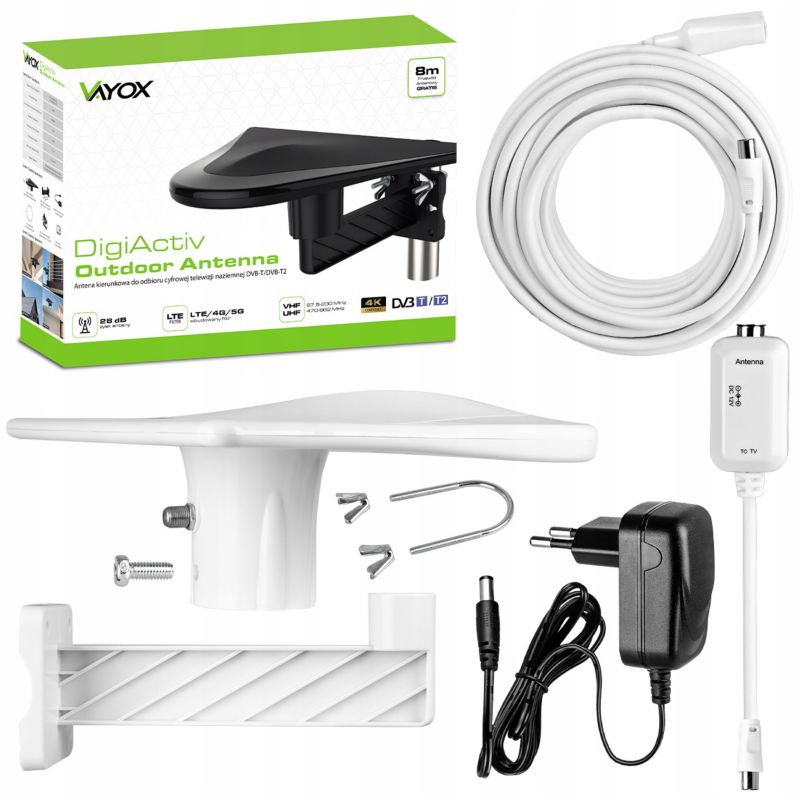 Vayox VA0022 DigiActiv retningsbestemt TV-antenne VHF UHF DVB-T2 4K med LTE 5G-filter, 1 stk.