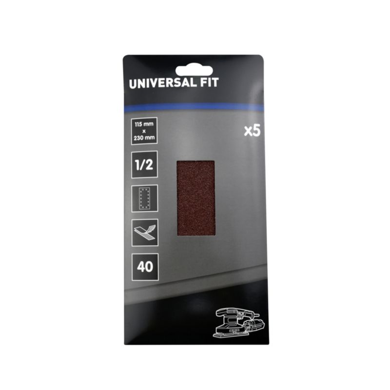 Universal slibeark 115 x 230 mm P40 med velcro og huller, 5 stk.