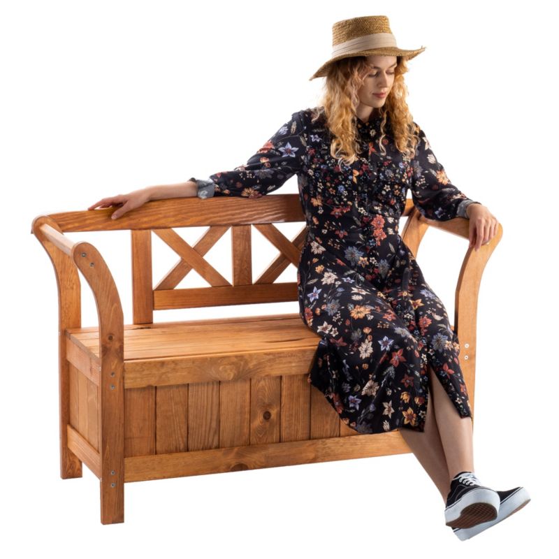 KADAX træbænk til have med rygstøtte 119 cm terrasse med opbevaringskasse i egetræ