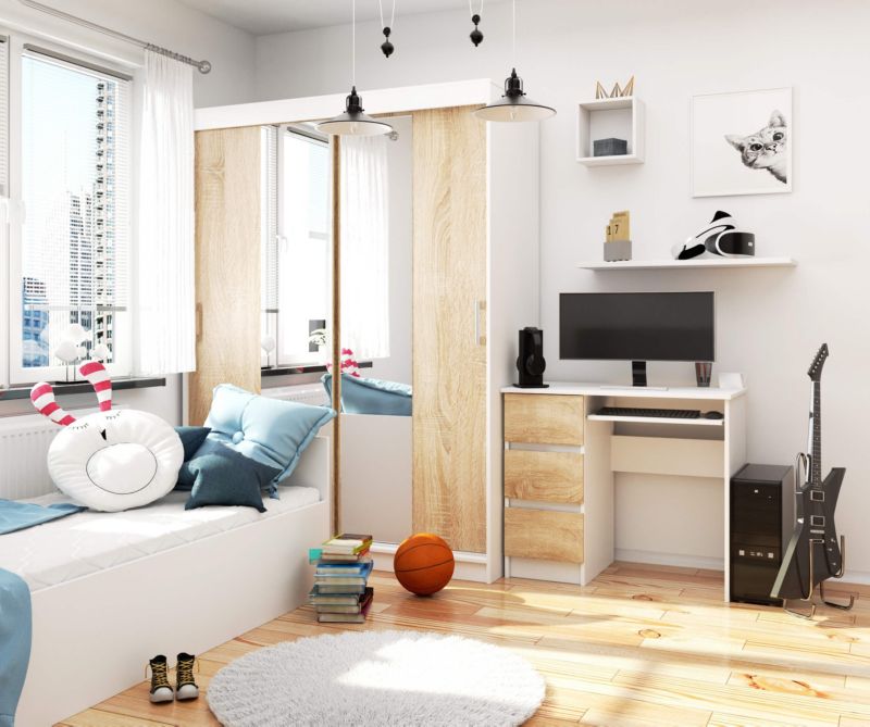 Akord A6 computerbord hvid 90 cm venstre 3 skuffer farve Sonoma eg mat 90x50x77 cm 1 stk.