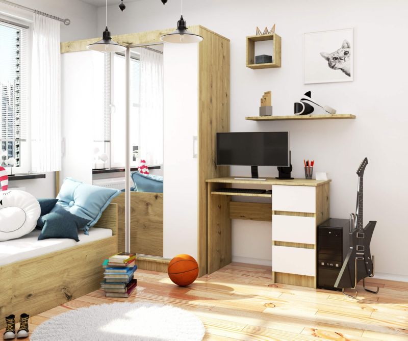 Akord A6 computerbord Artisan eg 90 cm højre 3 skuffer hvid mat 1 hylde 90x50x77 cm 1 stk.