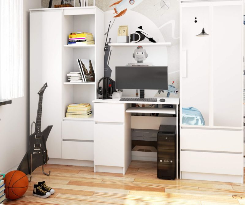 Akord Piksel computerbord hvid 90 cm venstre 1 dør 1 skuffe mat hvid farve 3 hylder 90x50x77 cm 1 stk.