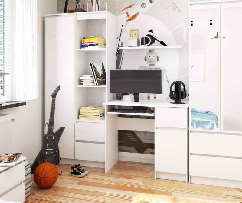 Akord Piksel computerbord hvid 90 cm højre side 1 dør 1 skuffe mat hvid farve 3 hylder 90x50x77 cm 1 stk.