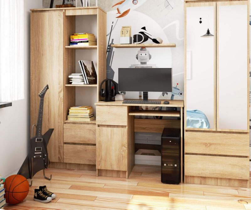 Akord Piksel computerbord i Sonoma eg 90 cm venstre, 1 dør, 1 skuffe, farve Sonoma eg mat, 3 hylder, 90x50x77 cm, 1 stk.