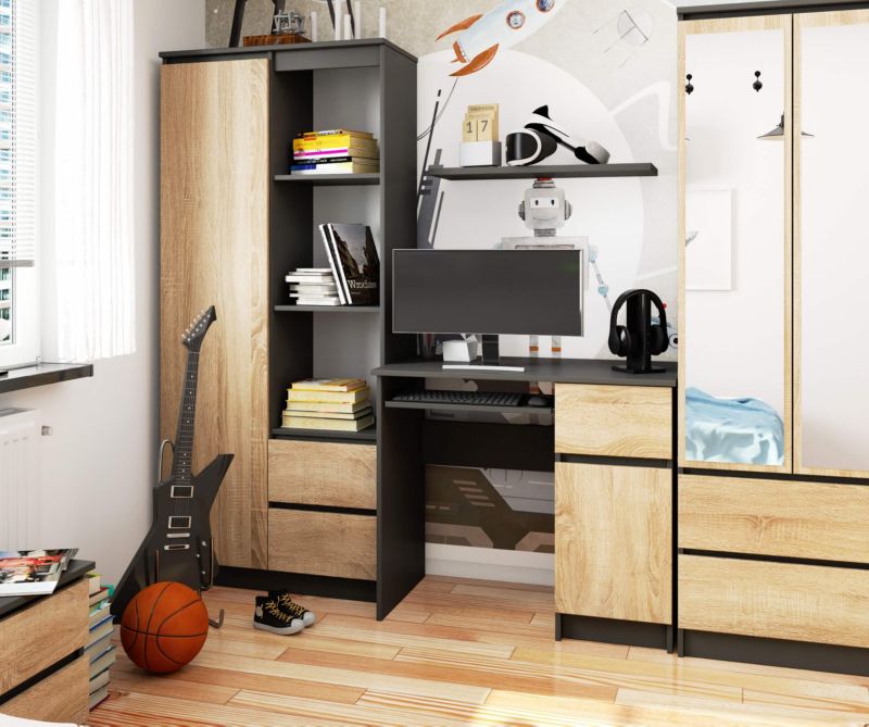 Akord Piksel grafitgråt computerbord 90 cm højre 1 dør 1 skuffe farve Sonoma eg mat 3 hylder 90x50x77 cm 1 stk.