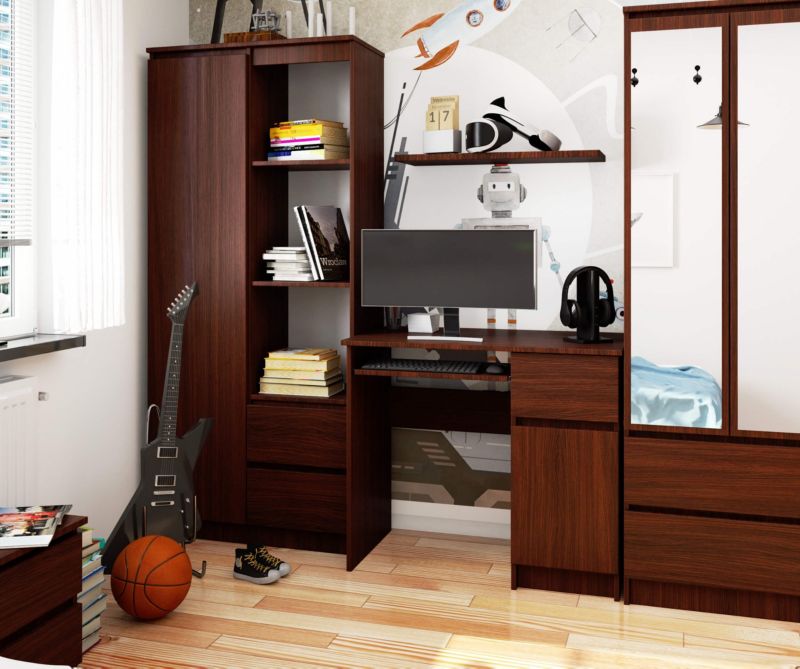 Akord Piksel computerbord Wenge 90 cm højre med 1 dør, 1 skuffe og 3 hylder, mat Wenge, 90x50x77 cm, 1 stk.