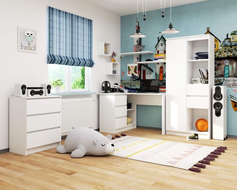 Hjørneskrivebord Akord B16 Hvid 124 cm venstre 3 skuffer mat hvid 2 hylder 124x85x77 cm 1 stk.