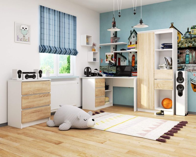 Hjørneskrivebord Akord B16 hvid 124 cm venstre 3 skuffer farve Eg Sonoma mat 2 hylder 124x85x77 cm 1 stk.