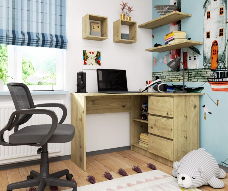 Hjørneskrivebord Akord B16 Artisan Eg 124 cm højre 3 skuffer farve Artisan Eg mat 2 hylder 124x85x77 cm 1 stk.