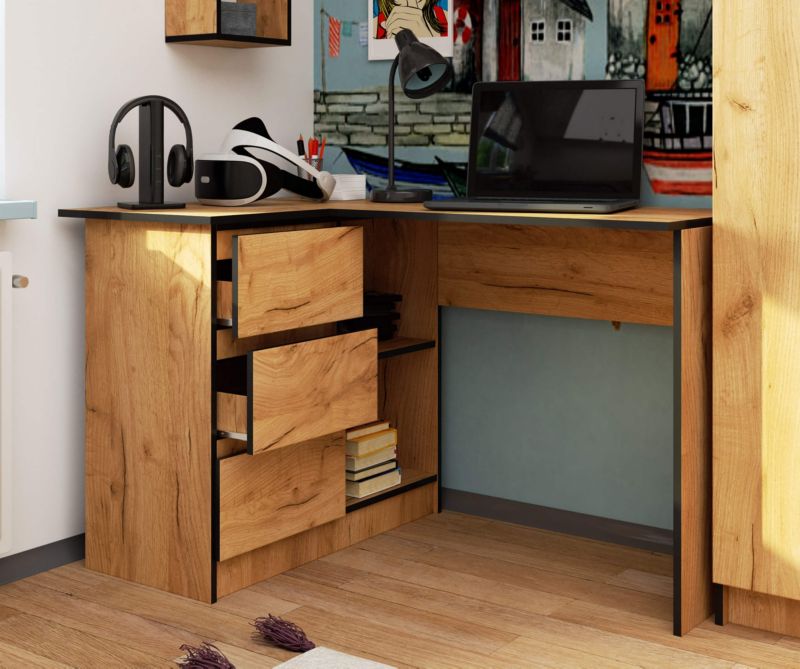 Hjørneskrivebord Akord B16 Eg Craft 124 cm venstre 3 skuffer farve Eg Craft mat 2 hylder 124x85x77 cm 1 stk.