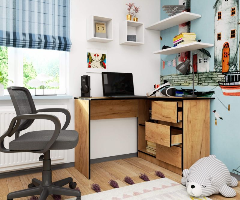 Hjørneskrivebord Akord B16 Eg Craft 124 cm højre 3 skuffer farve Eg Craft mat 2 hylder 124x85x77 cm 1 stk.