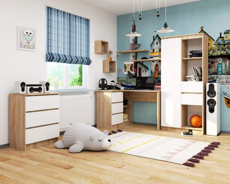 Akord B16 hjørneskrivebord i Sonoma-eg 124 cm venstre, 3 skuffer, mat hvid, 2 hylder, 124x85x77 cm, 1 stk.