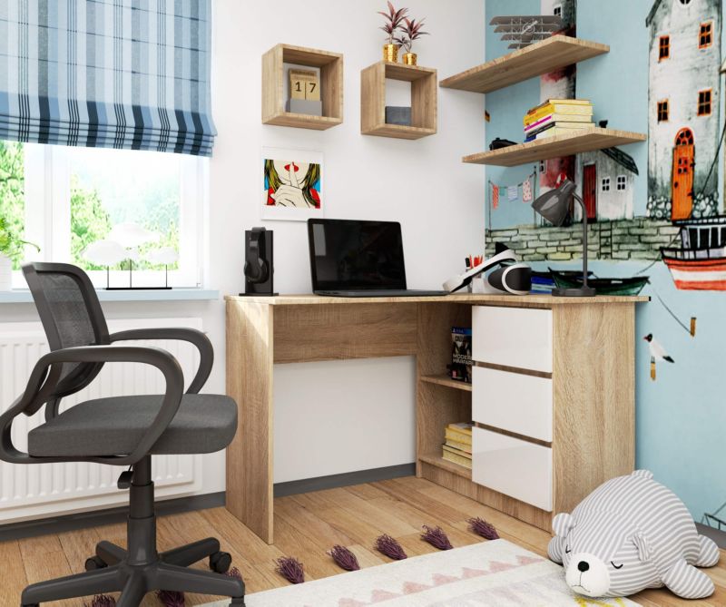 Hjørneskrivebord Akord B16 Eg Sonoma 124 cm højre 3 skuffer hvid mat 2 hylder 124x85x77 cm 1 stk.