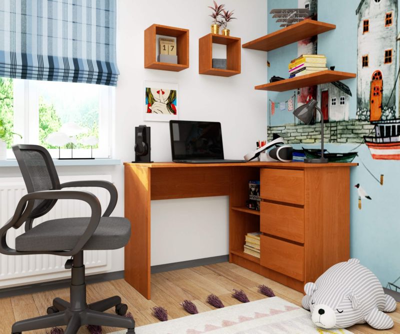 Hjørneskrivebord Akord B16 Olieret Ask 124 cm højre 3 skuffer mat ask farve 2 hylder 124x85x77 cm 1 stk.