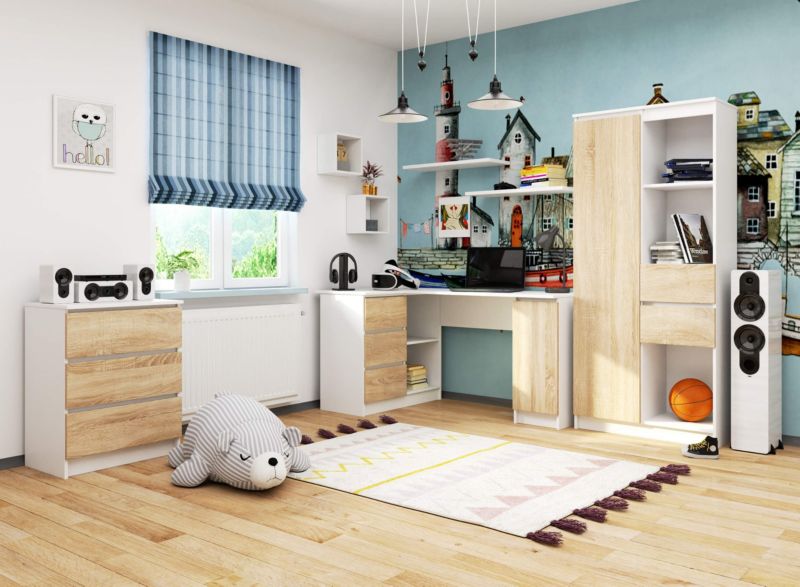 Hjørneskrivebord Akord B20 Hvid 155 cm venstre 1 dør 3 skuffer farve Eg Sonoma mat 4 hylder 155x85x77 cm 1 stk.