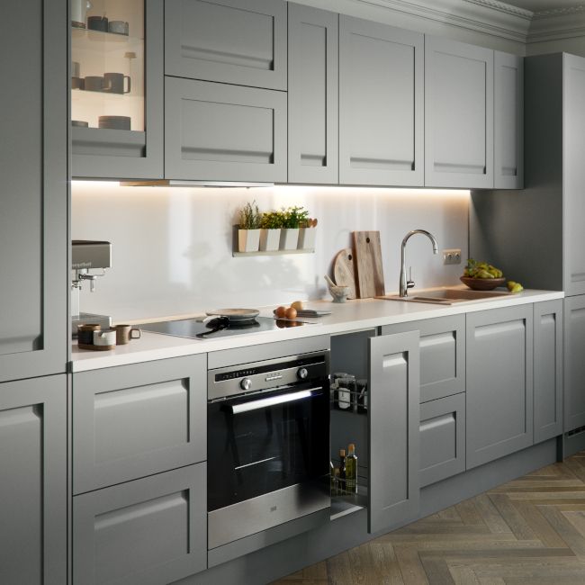 GoodHome Garcinia maskeringsliste til køkkenskab med hårde hvidevarer 59,7 x 5,8 cm i grå stenfarve