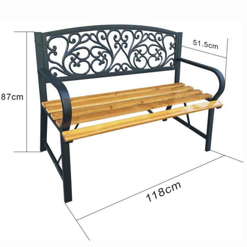 Sort havebænk Nerina med lakeret træ og støbejernsben, bredde 118 cm, 1 stk.