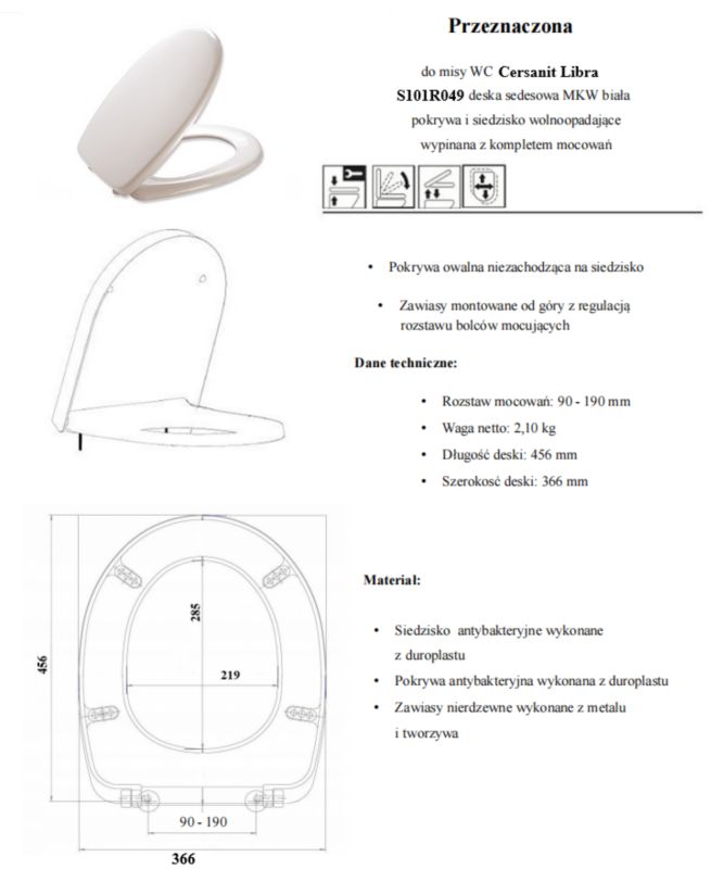 Toiletsæde med Soft Close til Cersanit Libra Hvid Duroplast 1 stk.