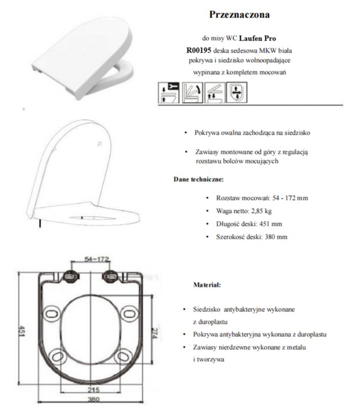 Toiletsæde MKW Laufen Pro Hvid Antibakteriel 45,1x38 cm