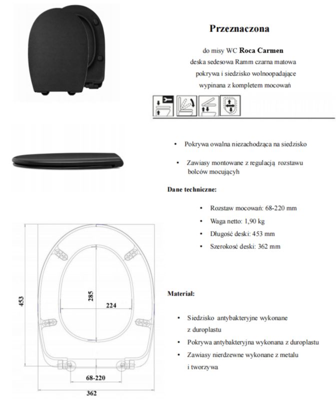 Toiletsæde Ramm til Roca Carmen Mat Sort 45 cm 5903938515453