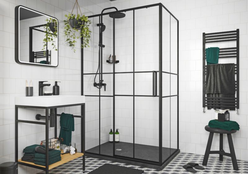 GoodHome Ahti 120 cm skydedør til brusekabine i krom/mat-sort