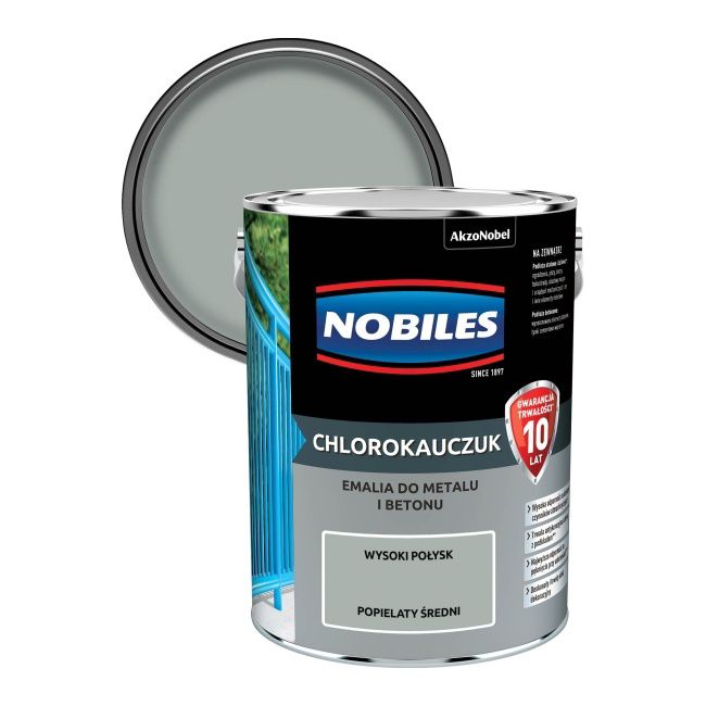 Nobiles chlorokauczuk-emalje til metal og beton, mellemgrå, 5 l