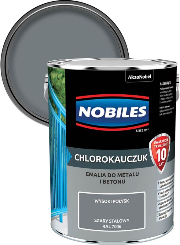 Nobiles klorokautsjuk-emalje til metal og beton, stålgrå, 5 l