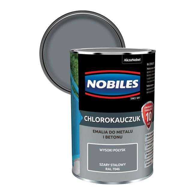 Nobiles klorokautsjuk-emalje til metal og beton i stålgrå, 0,9 l