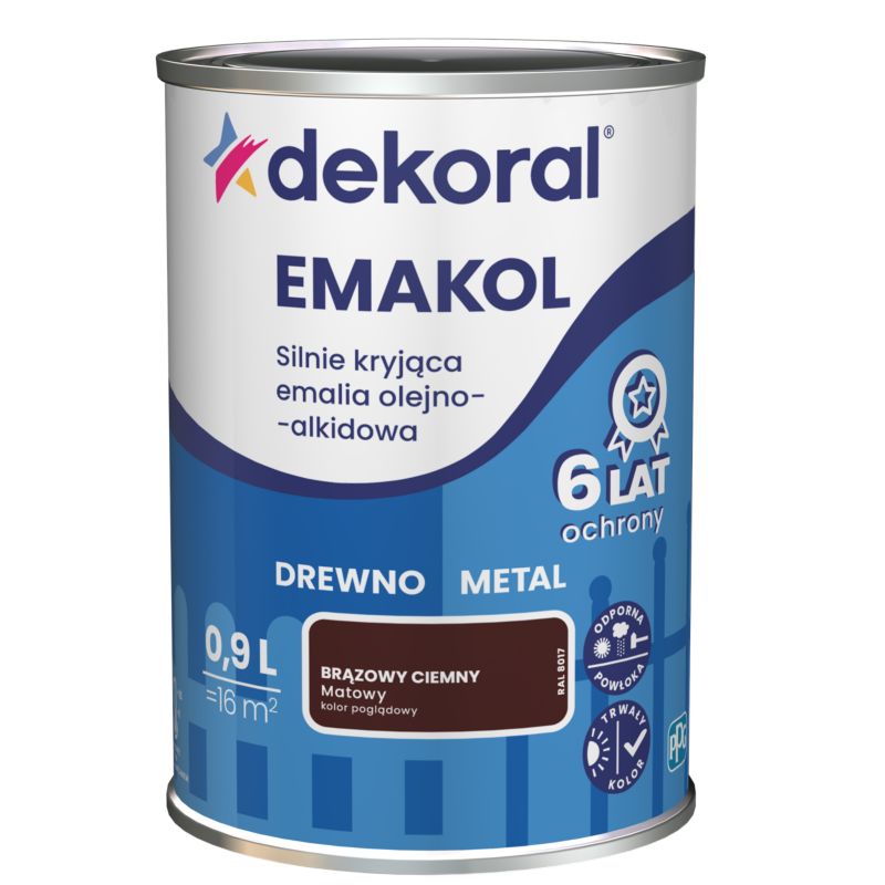 Olie-alkyd-emalje Dekoral Emakol til træ og metal mørk mat brun 0,9 l