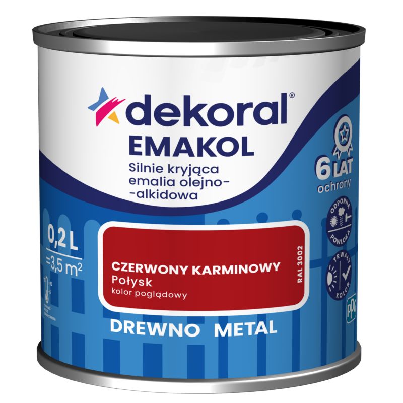 Dekoral Emakol olie-alkyd emalje til træ og metal karminrød 0,2 l