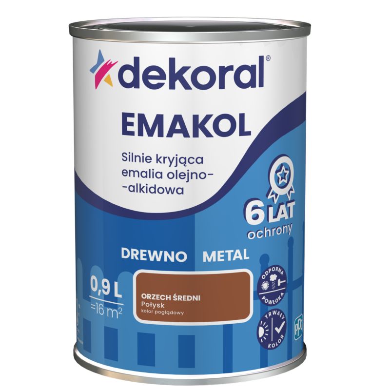 Dekoral Emakol olie-alkyd emalje til træ og metal i mellembrun valnød, 0,9 l