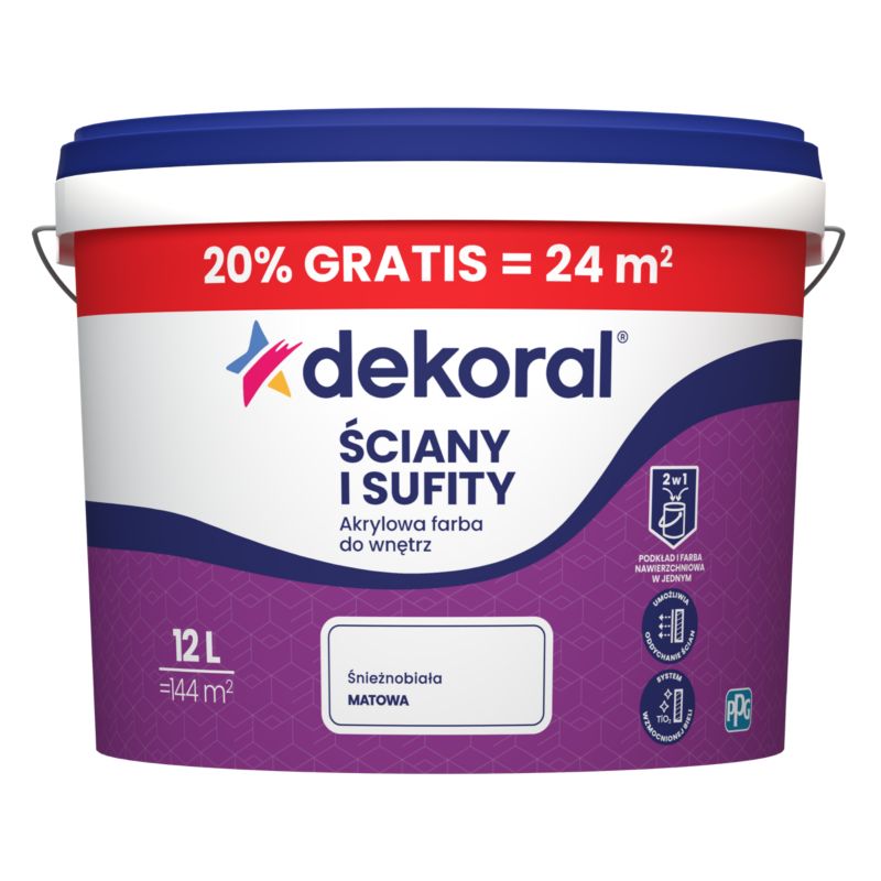 Dekoral akrylmaleri til indendørs brug til vægge og lofter, snehvid mat, 10 l + 20 % gratis