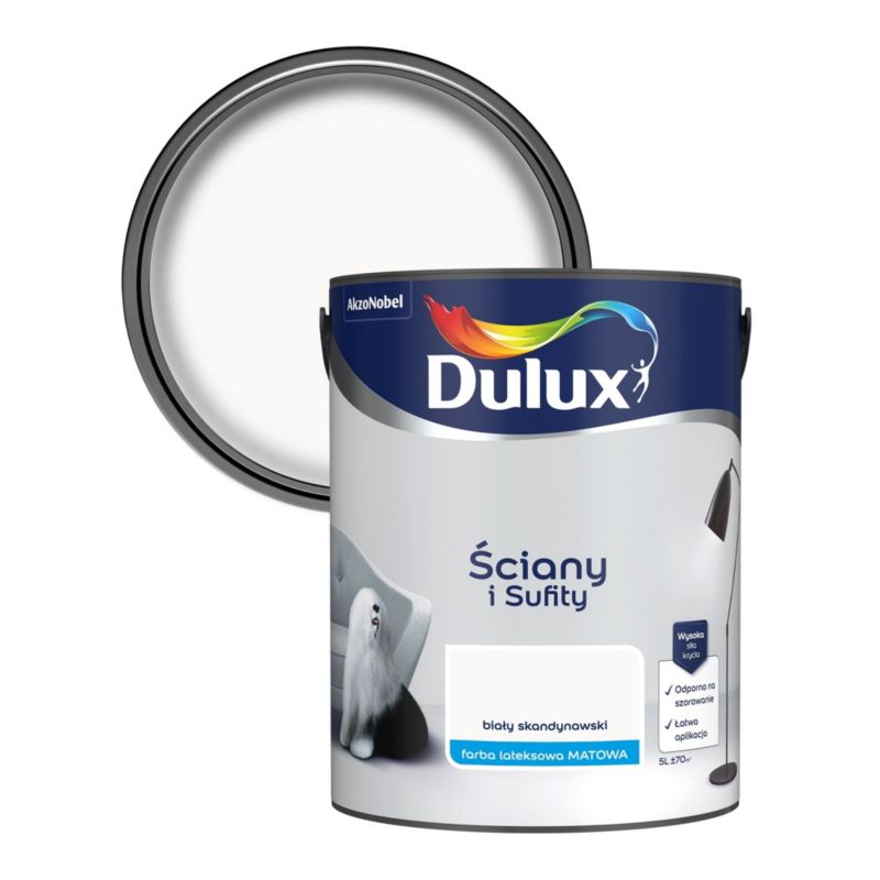 Dulux pletresistent maling til vægge og lofter, skandinavisk hvid, 5 l