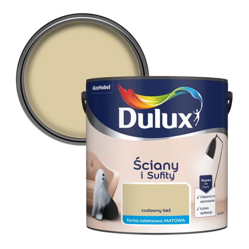 Dulux plamemodstandsdygtig maling til vægge og lofter i farven vidunderlig beige, 2,5 l