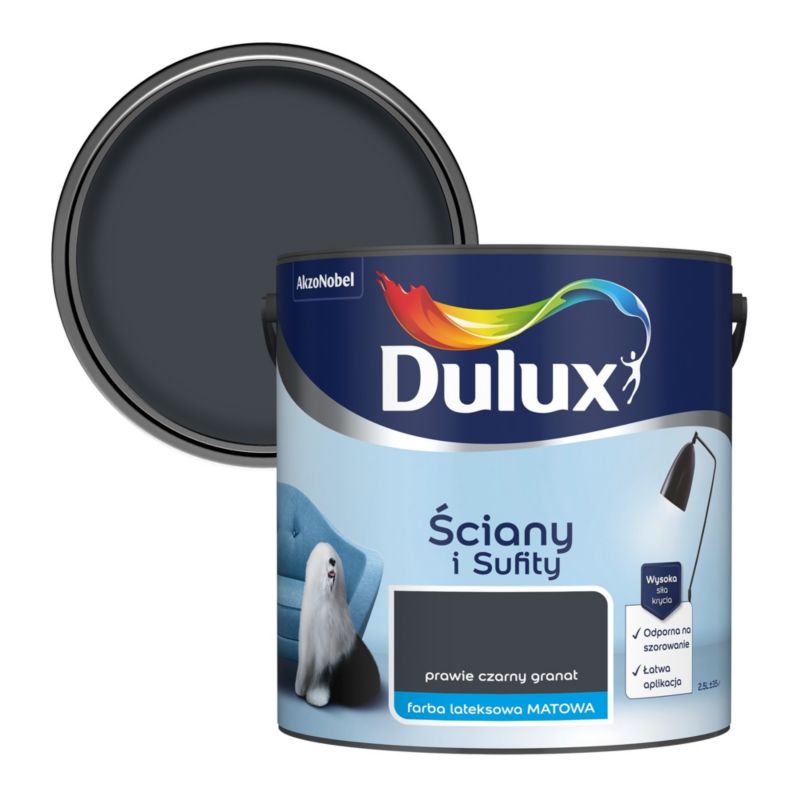 Dulux pletresistent maling til vægge og lofter i næsten sort marineblå, 2,5 l