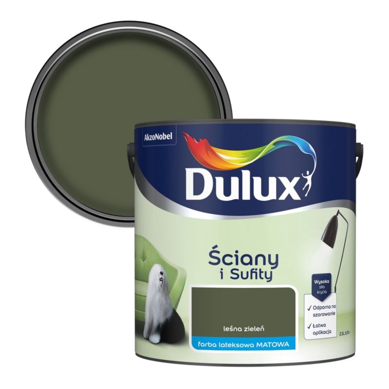 Dulux plamemodstandsdygtig maling til vægge og lofter i skovgrøn, 2,5 l