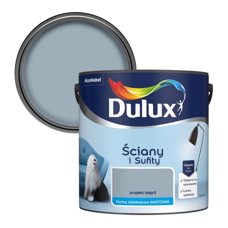 Dulux pletresistent maling til vægge og lofter i farven Projekt Blå 2,5 l