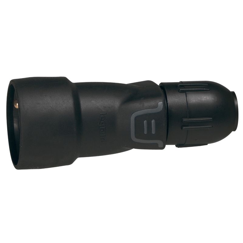 Legrand stikkontakt med sort gummibelægning og kabelindføring 2P+J