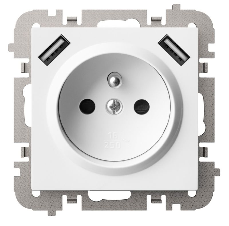 Elektro-Plast Vestra enkeltstik med jord og 2 x USB, hvid