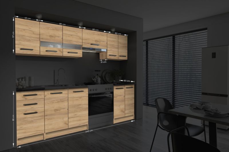 Færdigt køkkenmøbelsæt Romantica 240 cm i gylden Craft-eg