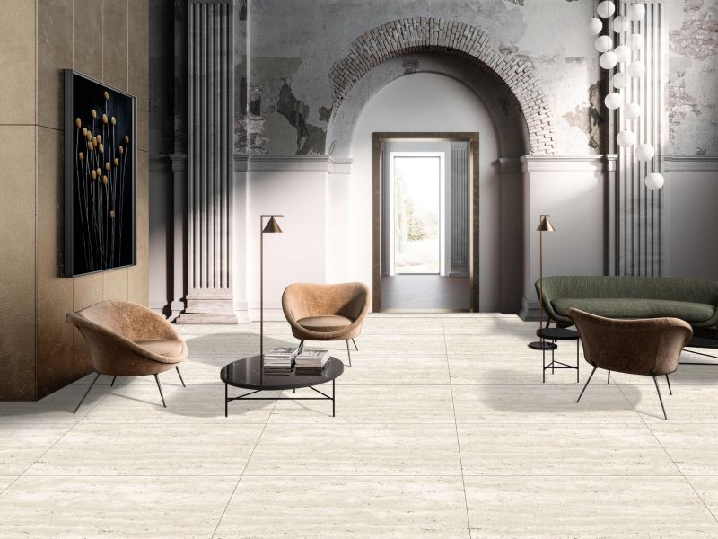 Frostbestandig glaseret travertin-gulvflise 60 x 120 cm bianco 1,44 m²