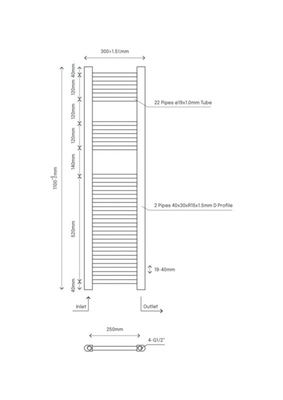 Flomasta flad badeværelsesradiator 110 x 30 cm hvid