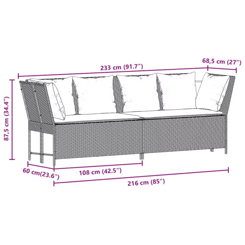 Havesofa 233x68,5 cm Beige Poly共享rattan med Hynder