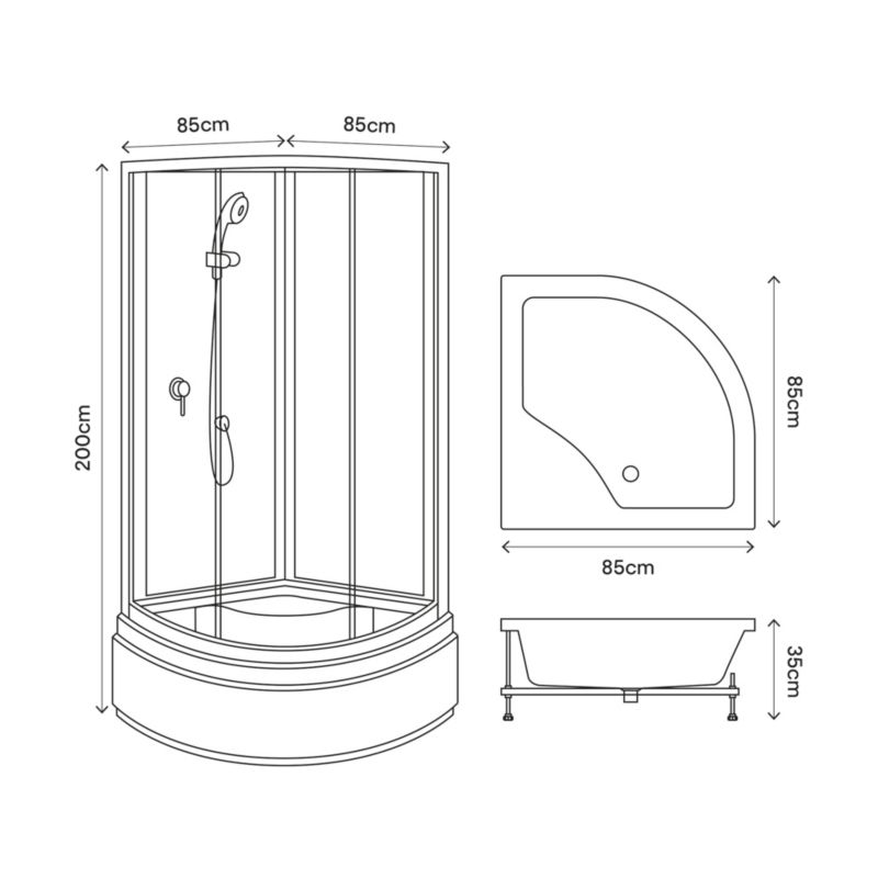 Halvrund Arkell brusekabine 85 cm med bagvægge og høj brusebund