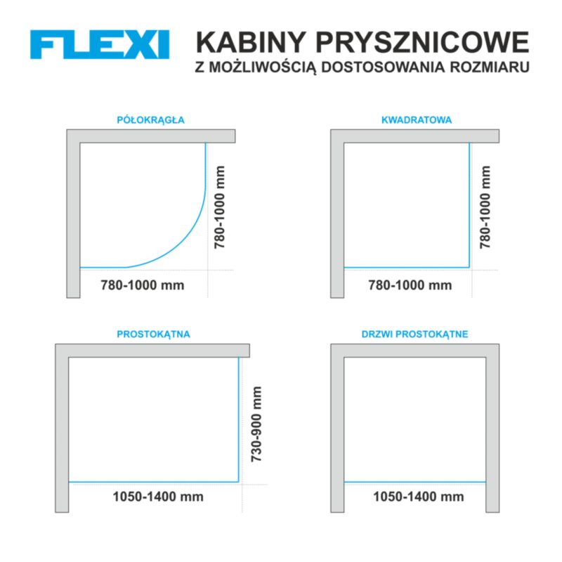 Rektangulært brusekabine Durasan Flexi, justerbar 73-90 x 105-140 cm, krom